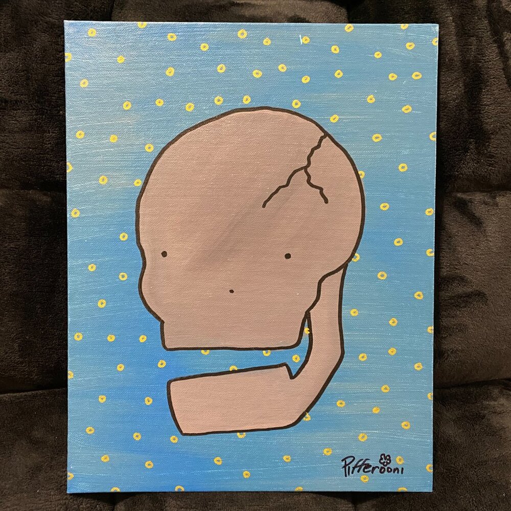 Original Cute Skull gold bubbles on blue background Canvas Painting